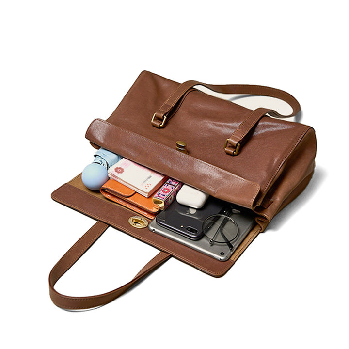 Structured Leather Handbag Veg Tan Cowhide Gold Turn-Lock Brown Coffee Black