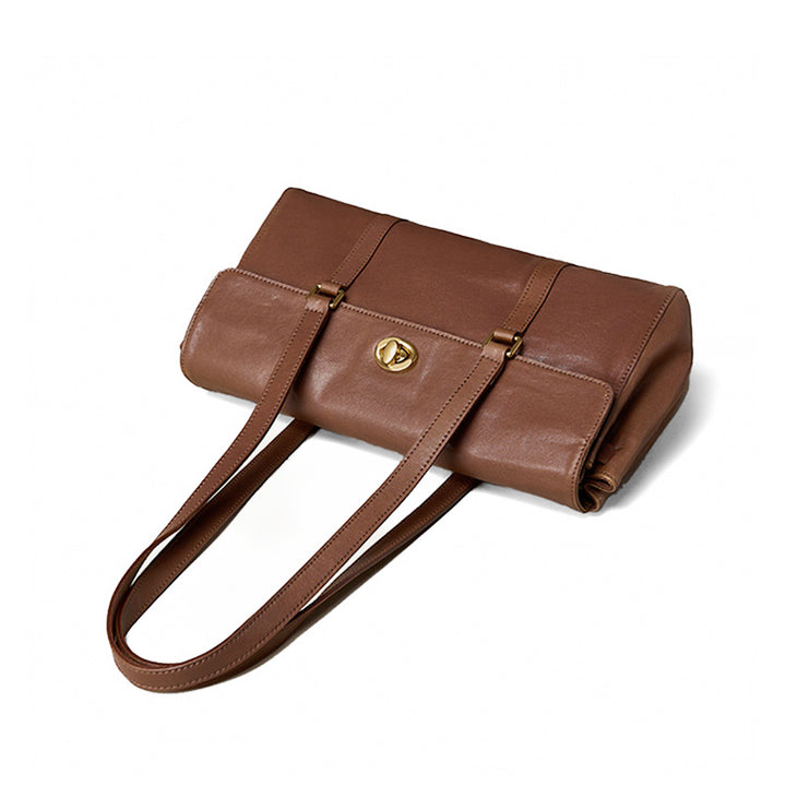 Structured Leather Handbag Veg Tan Cowhide Gold Turn-Lock Brown Coffee Black