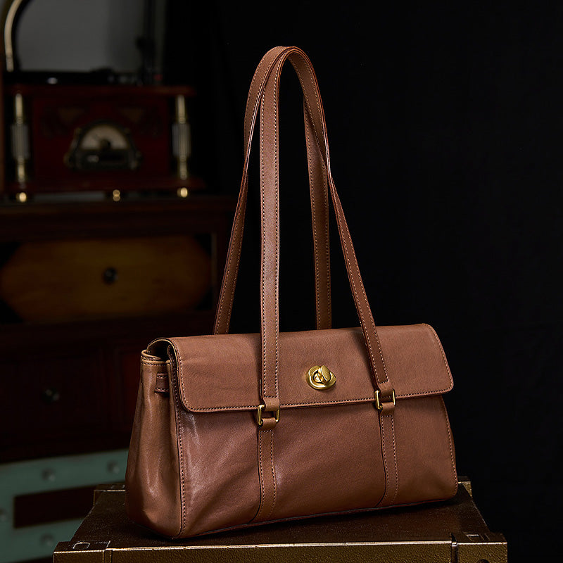 Structured Leather Handbag Veg Tan Cowhide Gold Turn-Lock Brown Coffee Black
