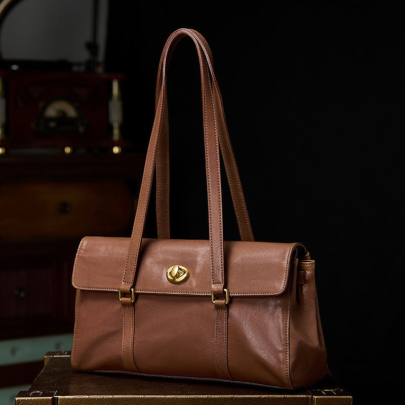 Structured Leather Handbag Veg Tan Cowhide Gold Turn-Lock Brown Coffee Black