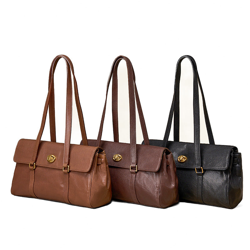 Structured Leather Handbag Veg Tan Cowhide Gold Turn-Lock Brown Coffee Black