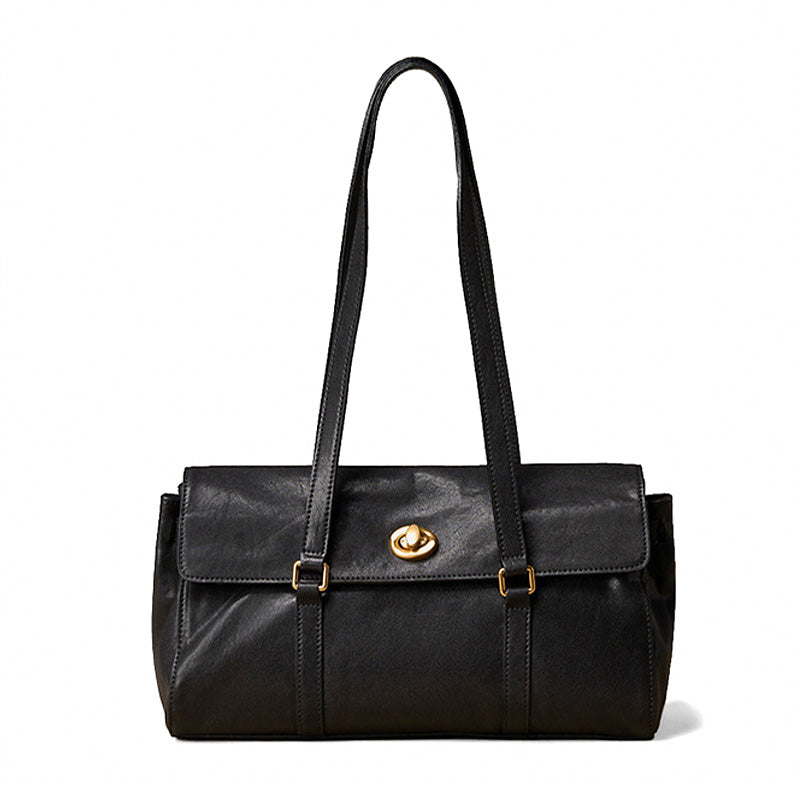 Structured Leather Handbag Veg Tan Cowhide Gold Turn-Lock Brown Coffee Black