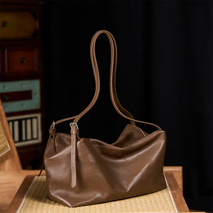 Full Grain Leather Hobo Bag Veg Tan Cowhide Minimalist Quiet Luxury Brown