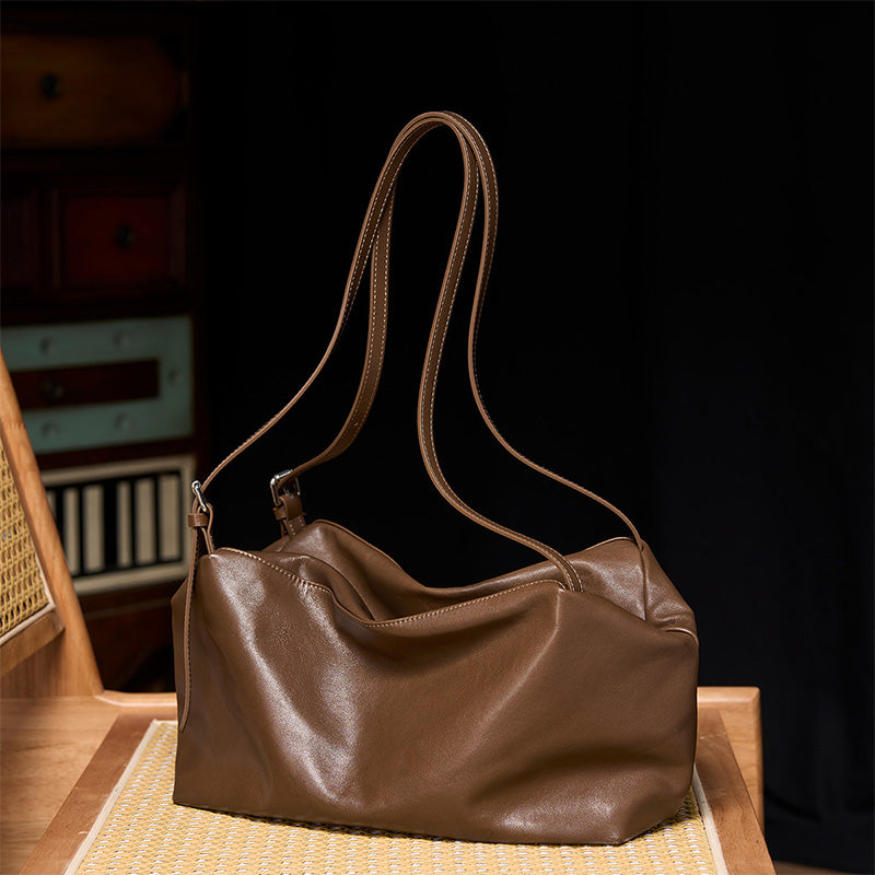 Full Grain Leather Hobo Bag Veg Tan Cowhide Minimalist Quiet Luxury Brown