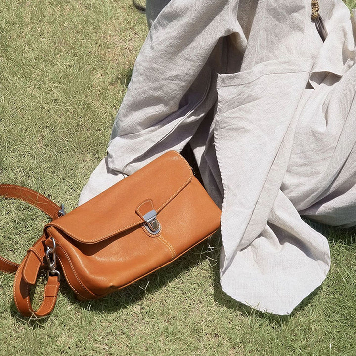 Small Leather Crossbody Bag Veg Tan Cowhide &amp; Gold Hardware Sunset Yellow &amp; Coffee