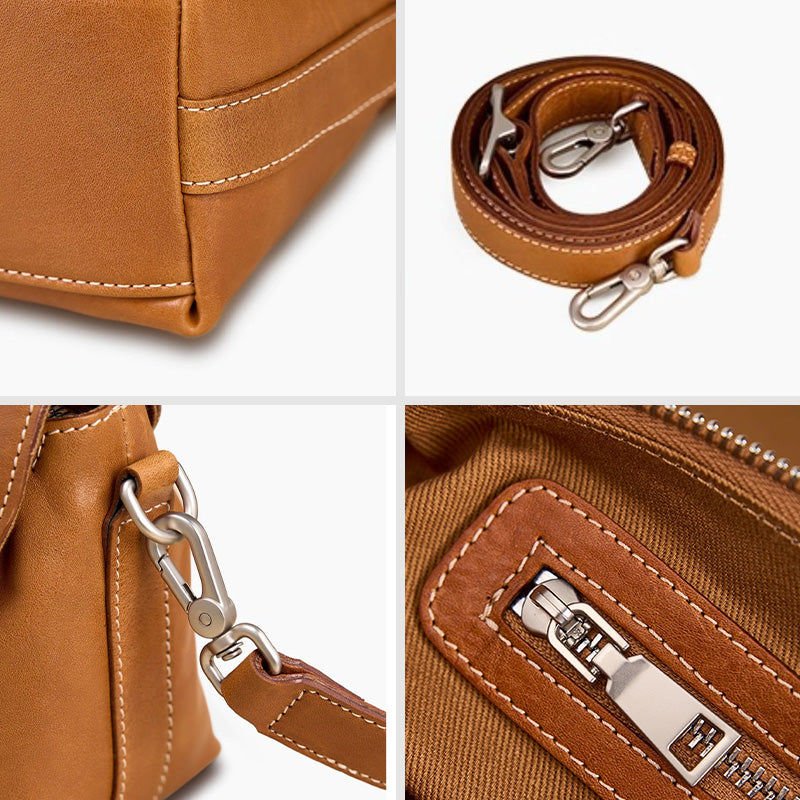 Small Leather Crossbody Bag Veg Tan Cowhide &amp; Gold Hardware Sunset Yellow &amp; Coffee