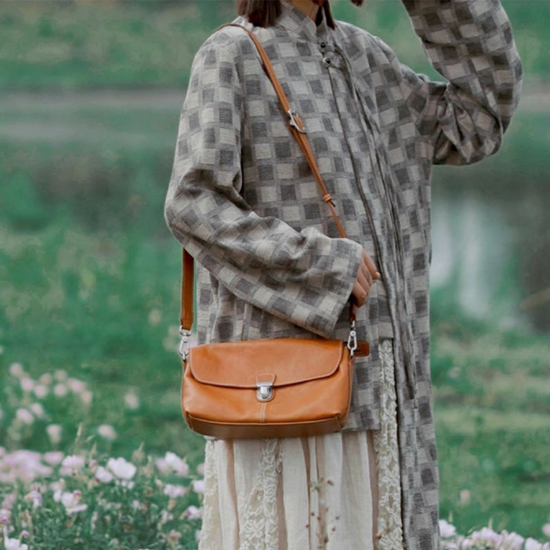 Small Leather Crossbody Bag Veg Tan Cowhide &amp; Gold Hardware Sunset Yellow &amp; Coffee