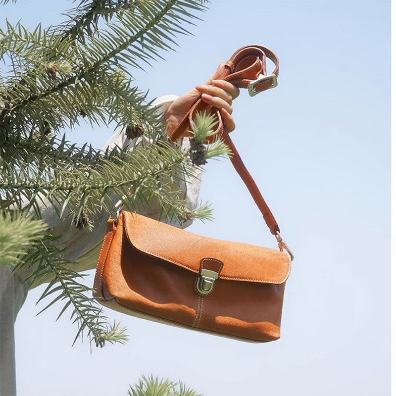 Small Leather Crossbody Bag Veg Tan Cowhide &amp; Gold Hardware Sunset Yellow &amp; Coffee