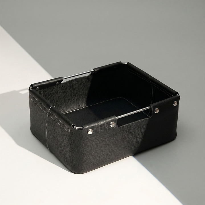 Leather Desk Storage Basket Top Grain Cowhide Organizer Box with Metal Handles