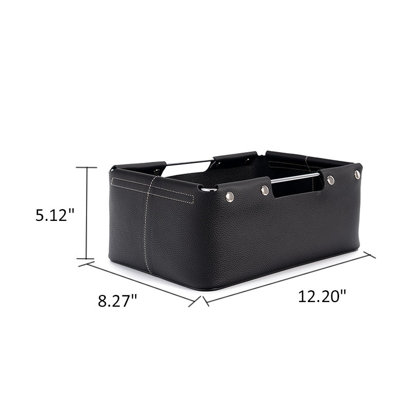 Leather Desk Storage Basket Top Grain Cowhide Organizer Box with Metal Handles