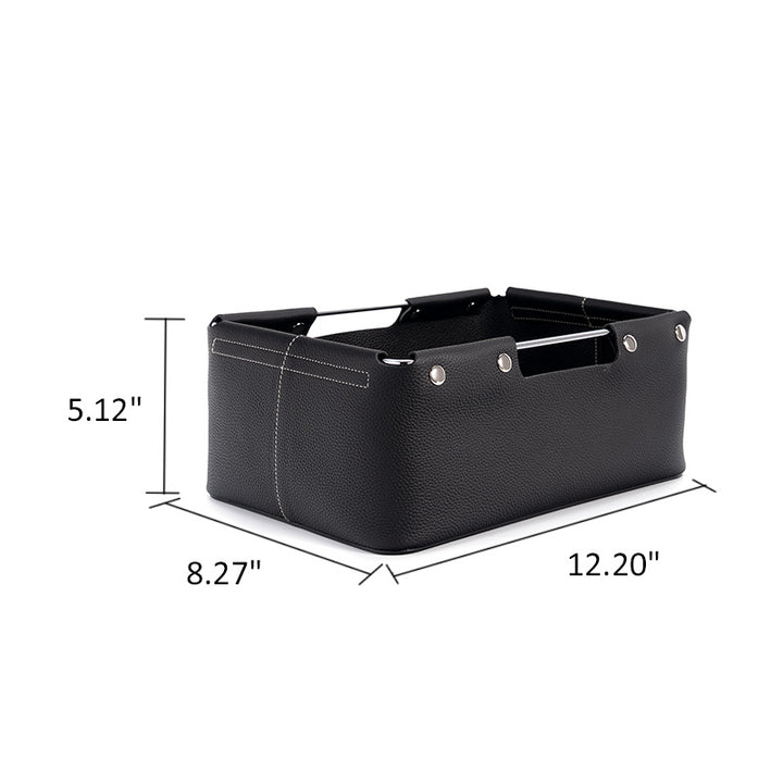Leather Desk Storage Basket Top Grain Cowhide Organizer Box with Metal Handles