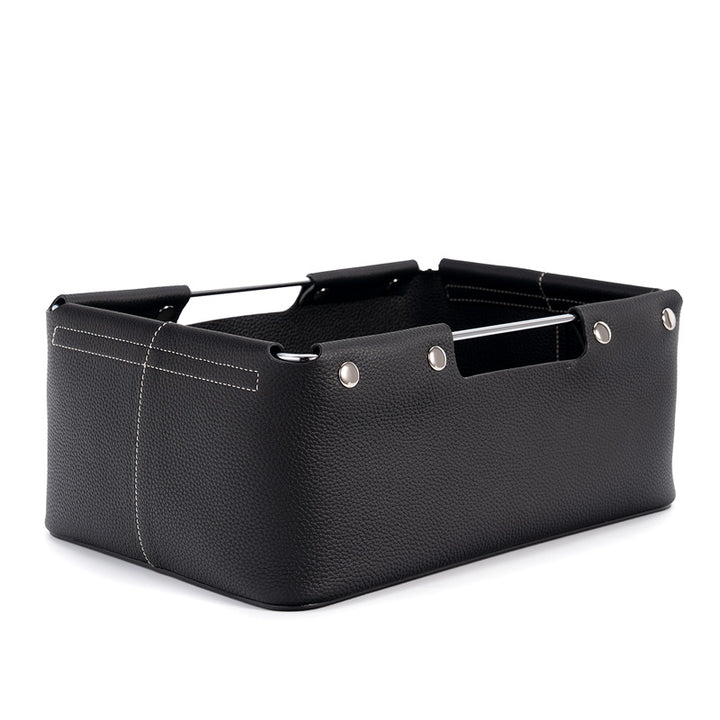 Leather Desk Storage Basket Top Grain Cowhide Organizer Box with Metal Handles