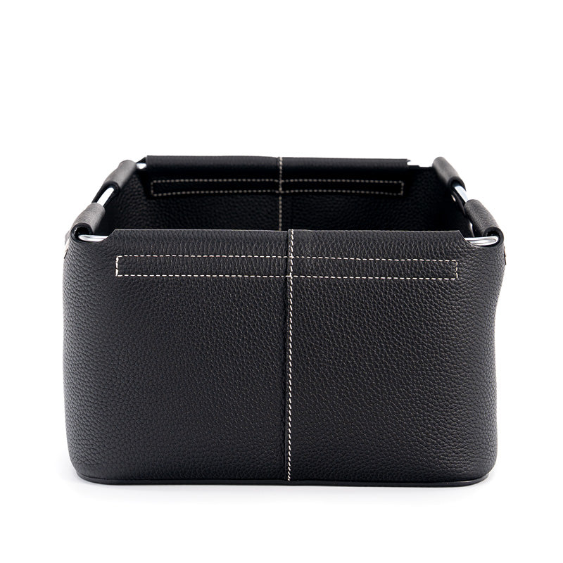Leather Desk Storage Basket Top Grain Cowhide Organizer Box with Metal Handles