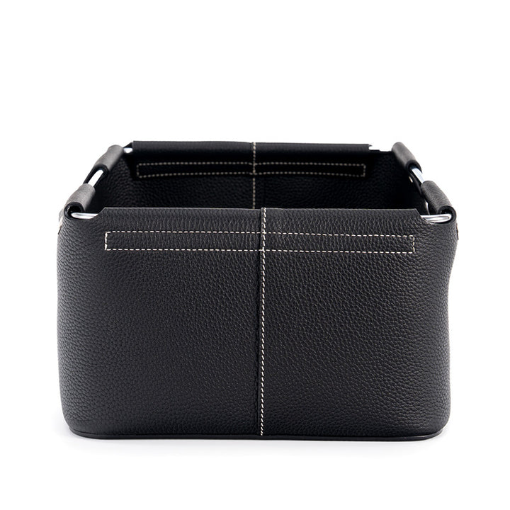 Leather Desk Storage Basket Top Grain Cowhide Organizer Box with Metal Handles