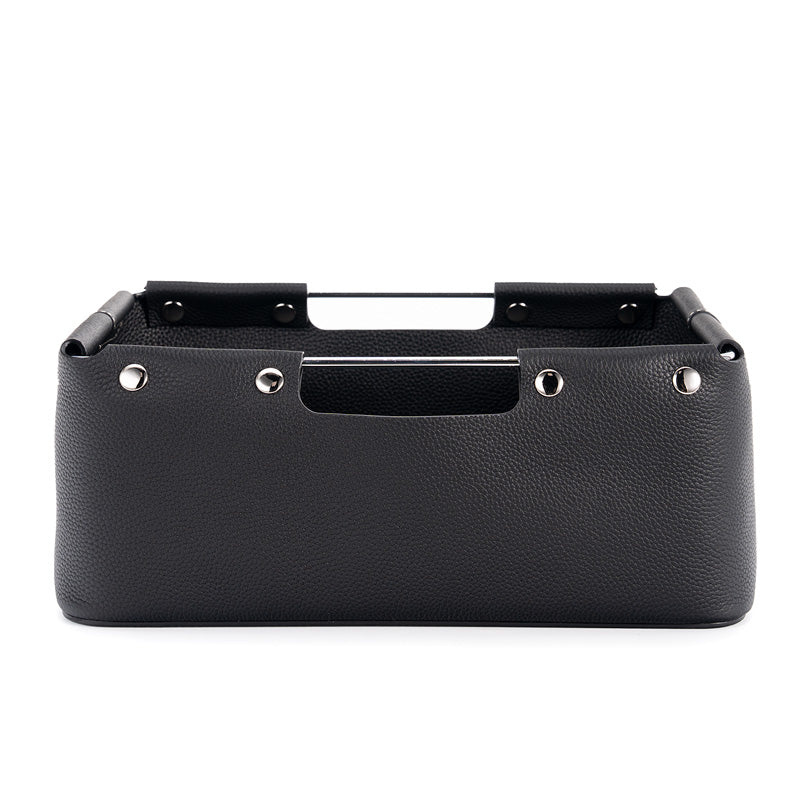 Leather Desk Storage Basket Top Grain Cowhide Organizer Box with Metal Handles