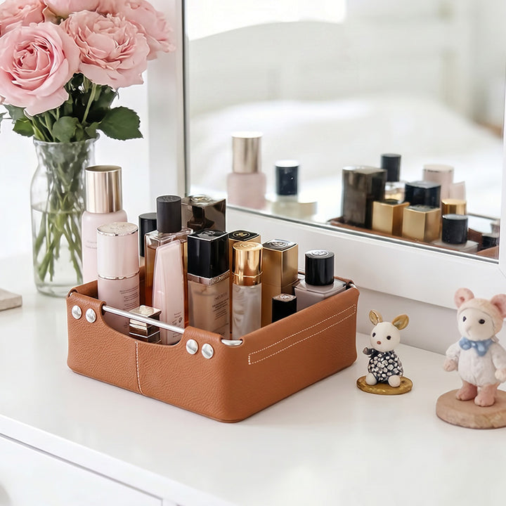 Leather Storage Basket Square Cowhide Desktop Organizer for Vanity, Desk &amp; Bedside