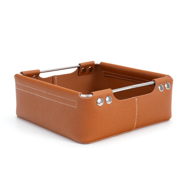 Leather Storage Basket Square Cowhide Desktop Organizer for Vanity, Desk &amp; Bedside