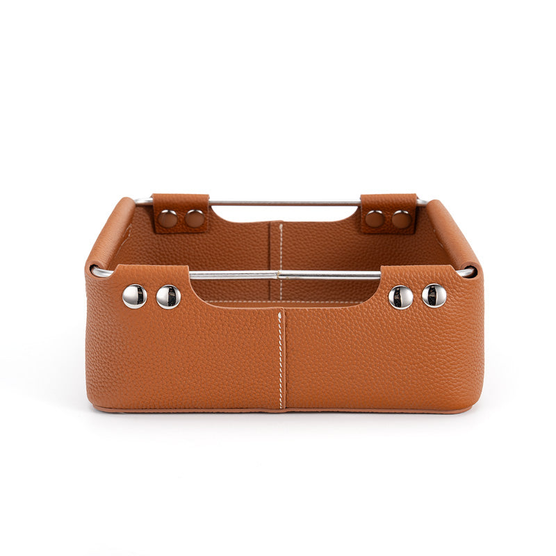 Leather Storage Basket Square Cowhide Desktop Organizer for Vanity, Desk &amp; Bedside
