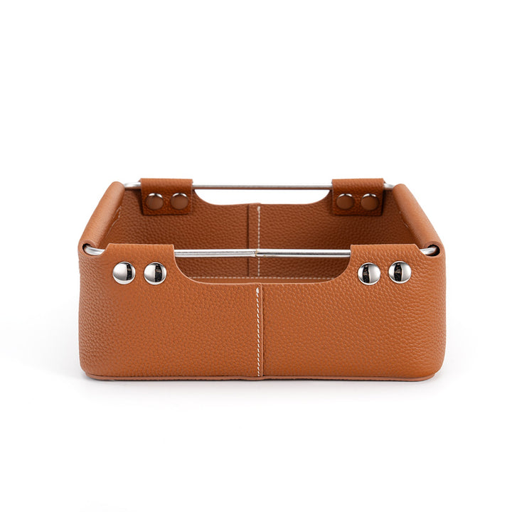 Leather Storage Basket Square Cowhide Desktop Organizer for Vanity, Desk &amp; Bedside
