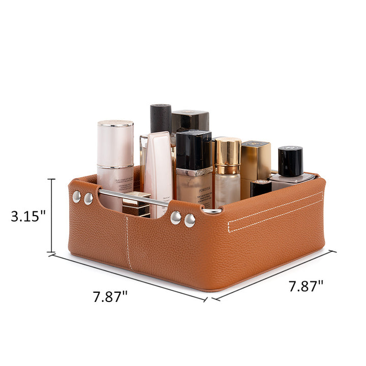 Leather Storage Basket Square Cowhide Desktop Organizer for Vanity, Desk &amp; Bedside