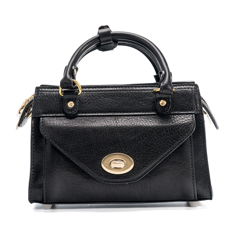 Black Horsehide Leather Satchel Bag Top Handle Crossbody with Twist Lock Flap Pocket