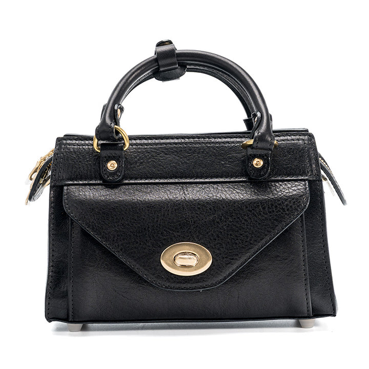 Black Horsehide Leather Satchel Bag Top Handle Crossbody with Twist Lock Flap Pocket