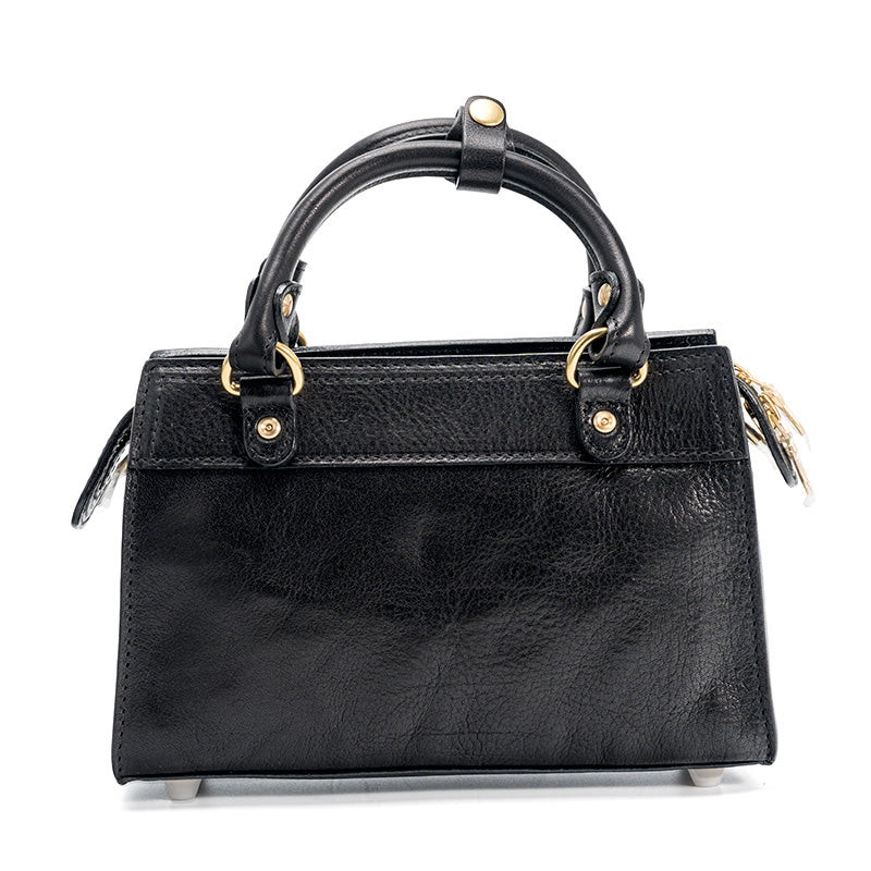 Black Horsehide Leather Satchel Bag Top Handle Crossbody with Twist Lock Flap Pocket