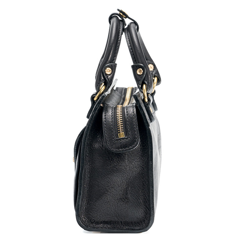 Black Horsehide Leather Satchel Bag Top Handle Crossbody with Twist Lock Flap Pocket