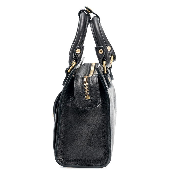 Black Horsehide Leather Satchel Bag Top Handle Crossbody with Twist Lock Flap Pocket
