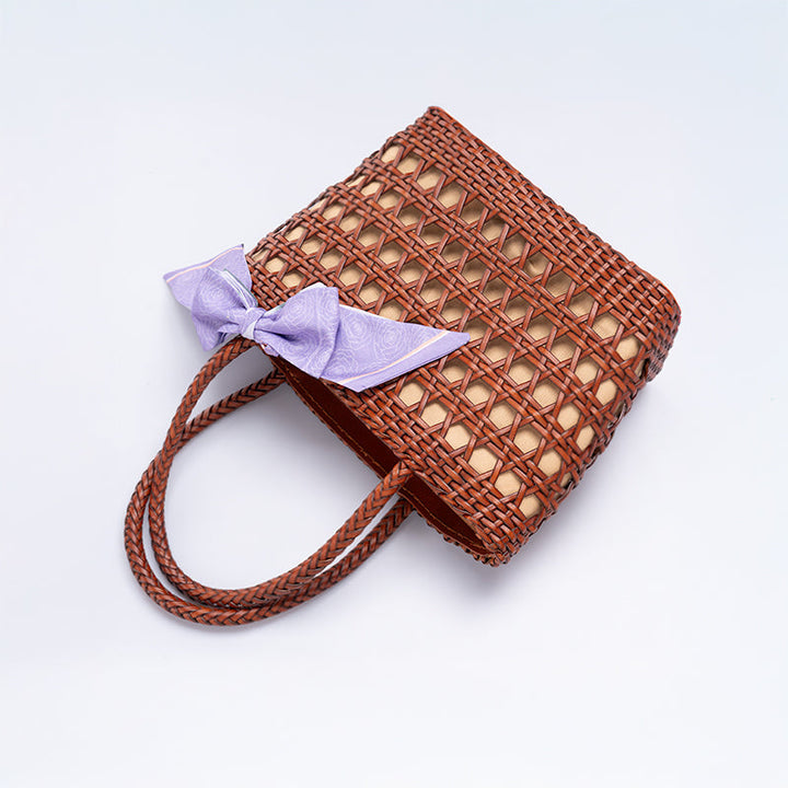 Woven Leather Tote Bag for Women Handmade Open Weave Cowhide Basket Handbag