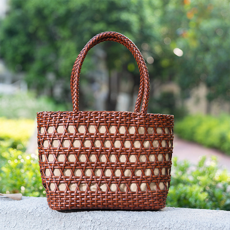 Woven Leather Tote Bag for Women Handmade Open Weave Cowhide Basket Handbag