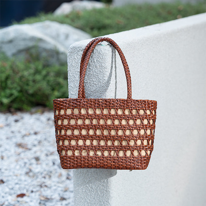 Woven Leather Tote Bag for Women Handmade Open Weave Cowhide Basket Handbag