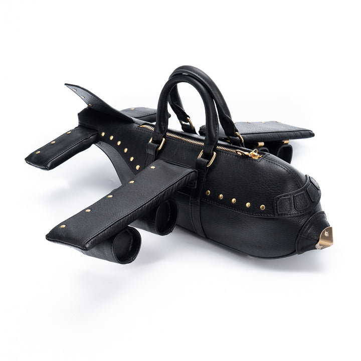 Airplane Shape Leather Bag Gold Stud Statement Top Handle Crossbody Bag for Women