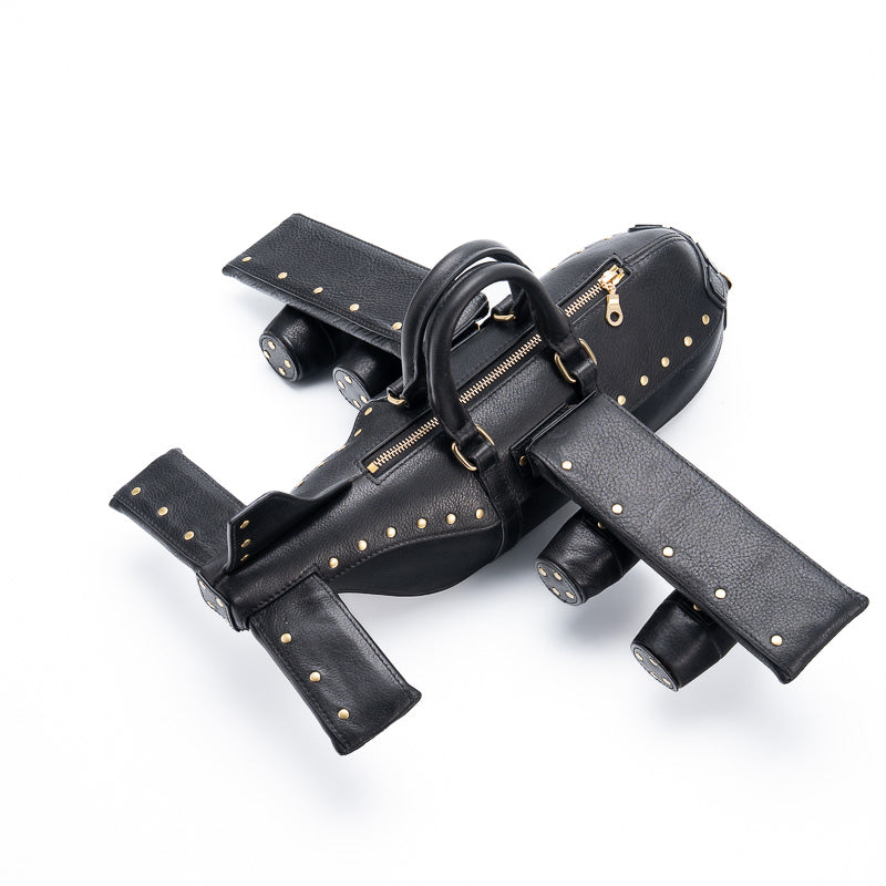Airplane Shape Leather Bag Gold Stud Statement Top Handle Crossbody Bag for Women