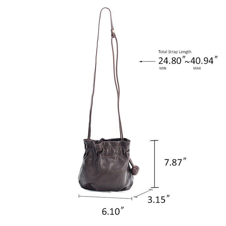 Drawstring Bucket Bag Horsehide Leather Shoulder Bag with Wooden Bead &amp; Magnetic Snap