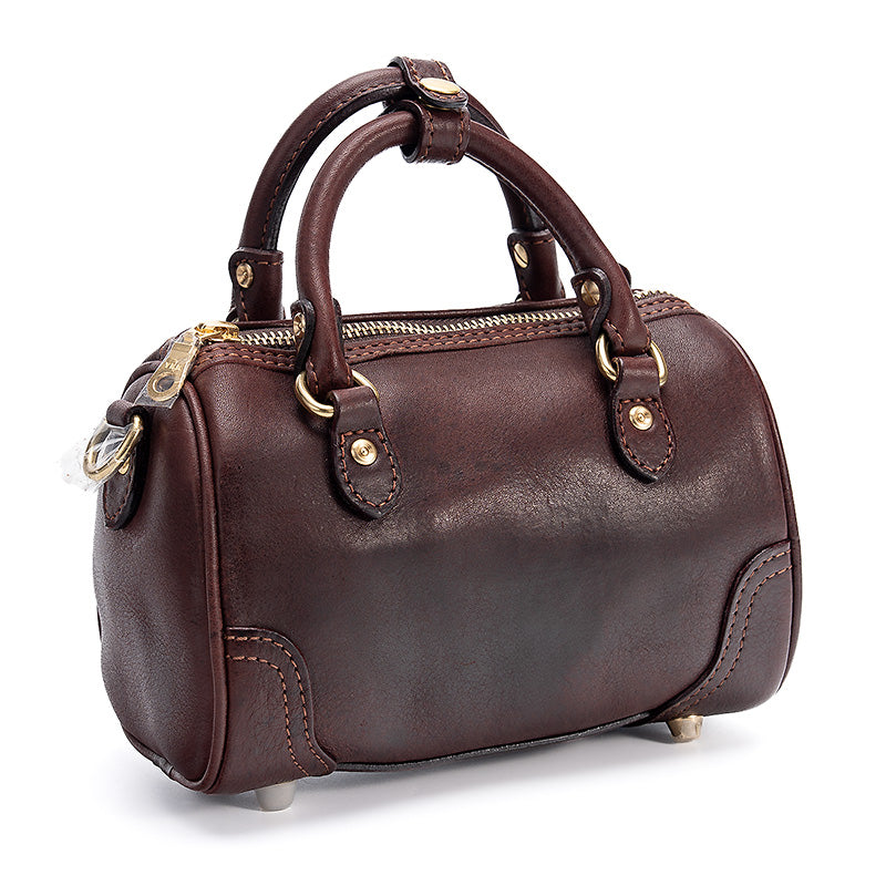 Mini Boston Bag Vegetable Tanned Leather Barrel Handbag with Gold Hardware