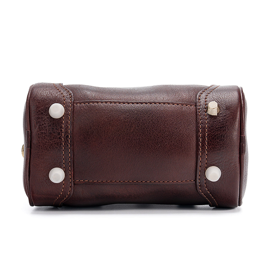 Mini Boston Bag Vegetable Tanned Leather Barrel Handbag with Gold Hardware