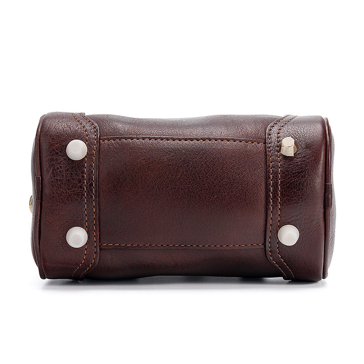 Mini Boston Bag Vegetable Tanned Leather Barrel Handbag with Gold Hardware