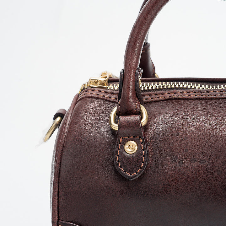 Mini Boston Bag Vegetable Tanned Leather Barrel Handbag with Gold Hardware