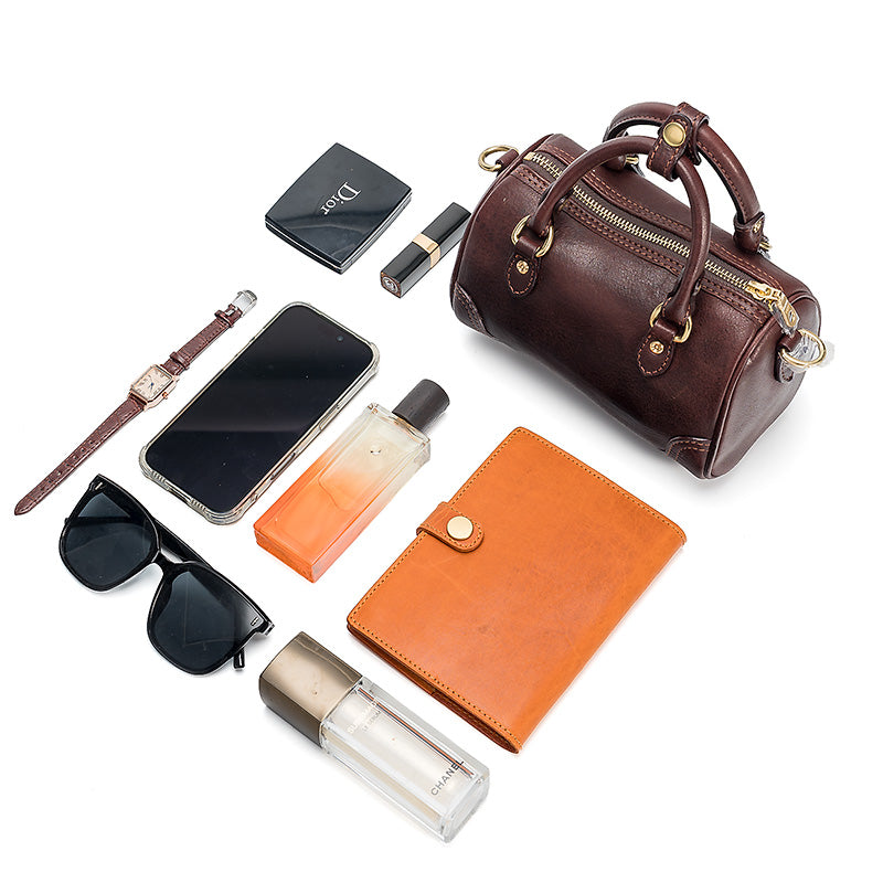 Mini Boston Bag Vegetable Tanned Leather Barrel Handbag with Gold Hardware