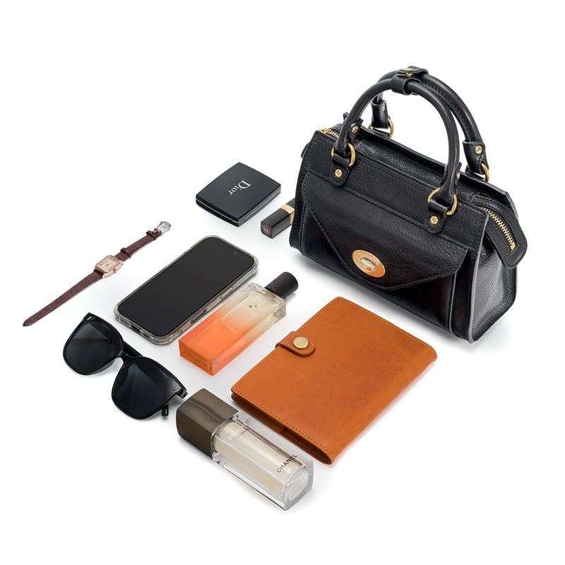 Black Horsehide Leather Satchel Bag Top Handle Crossbody with Twist Lock Flap Pocket