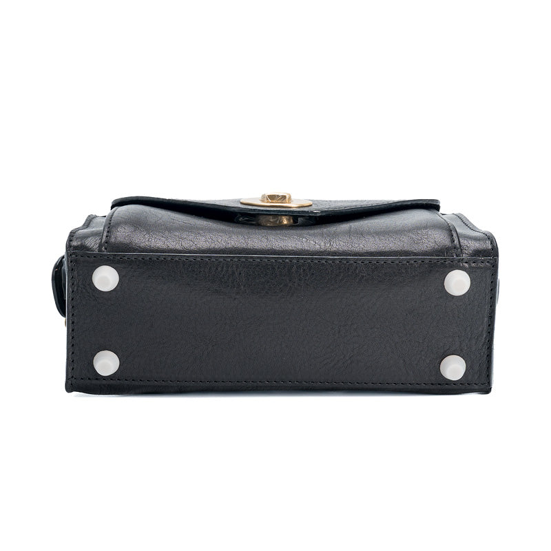 Black Horsehide Leather Satchel Bag Top Handle Crossbody with Twist Lock Flap Pocket