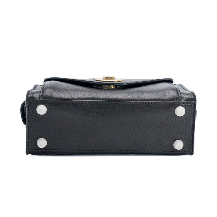 Black Horsehide Leather Satchel Bag Top Handle Crossbody with Twist Lock Flap Pocket