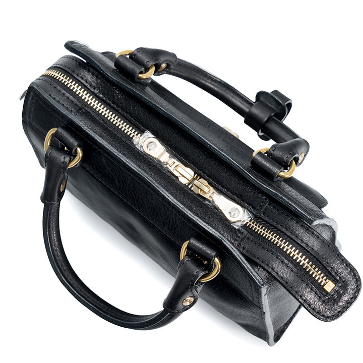 Black Horsehide Leather Satchel Bag Top Handle Crossbody with Twist Lock Flap Pocket