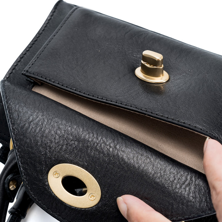 Black Horsehide Leather Satchel Bag Top Handle Crossbody with Twist Lock Flap Pocket