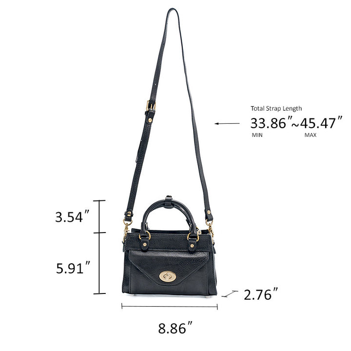 Black Horsehide Leather Satchel Bag Top Handle Crossbody with Twist Lock Flap Pocket