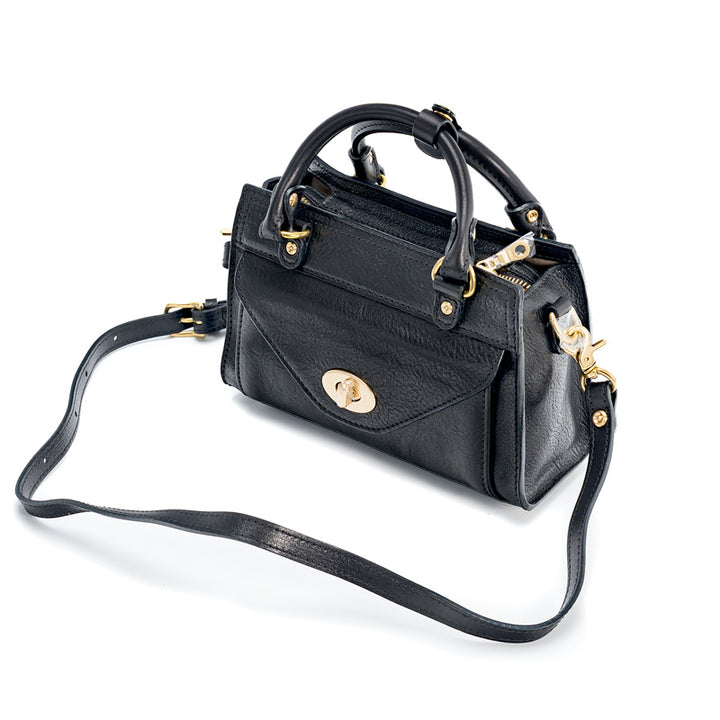 Black Horsehide Leather Satchel Bag Top Handle Crossbody with Twist Lock Flap Pocket