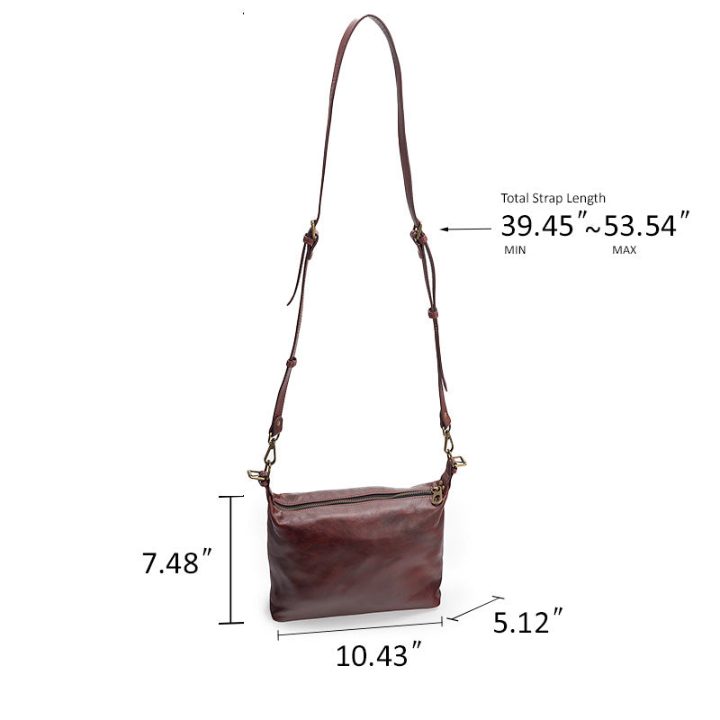 Slouchy Leather Crossbody Bag Washed Full Grain Zip Top Shoulder Bag in Brown