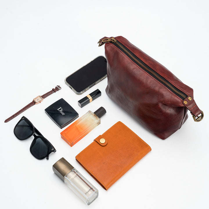 Slouchy Leather Crossbody Bag Washed Full Grain Zip Top Shoulder Bag in Brown