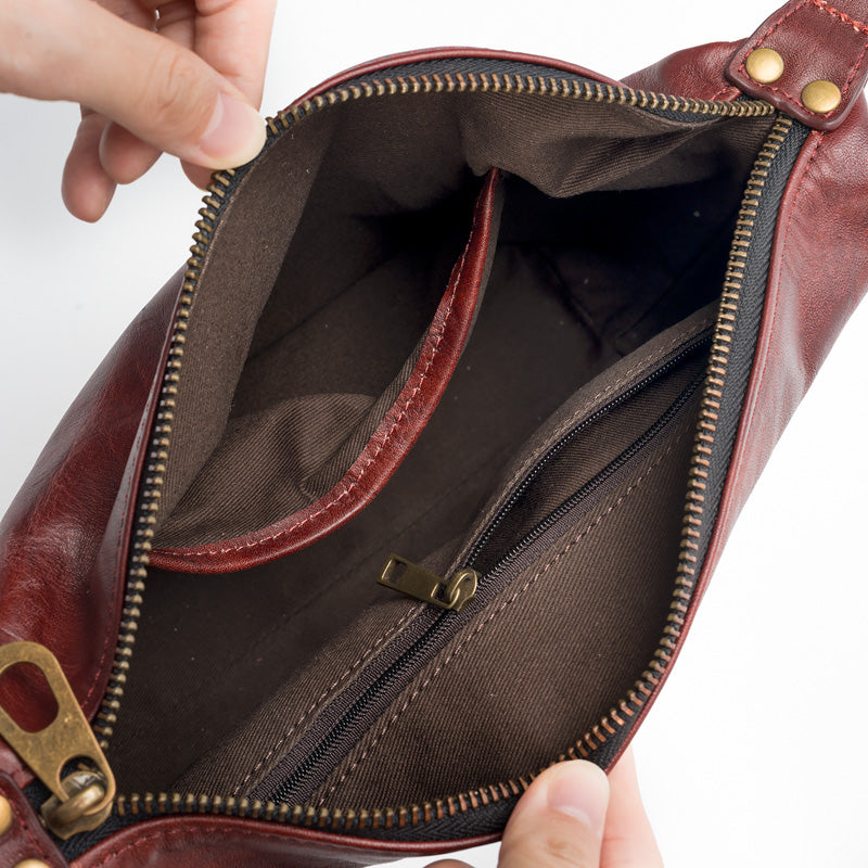 Slouchy Leather Crossbody Bag Washed Full Grain Zip Top Shoulder Bag in Brown